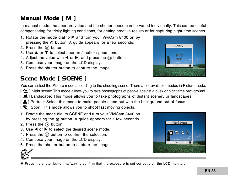 Manual mode [ m, Scene mode [ scene | Vivitar Tripod/Video Equipment User Manual | Page 33 / 70