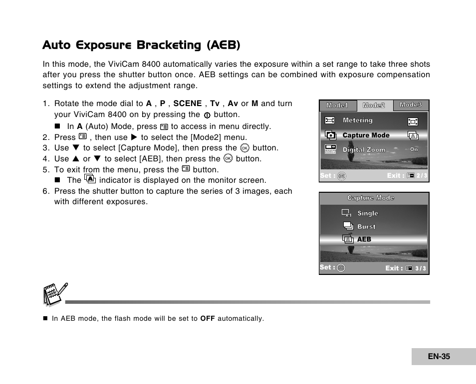 Auto exposure bracketing (aeb) | Vivitar Tripod/Video Equipment User Manual | Page 35 / 70