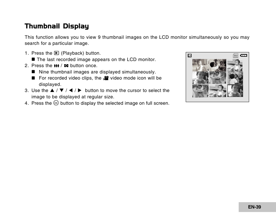 Thumbnail display | Vivitar Tripod/Video Equipment User Manual | Page 39 / 70