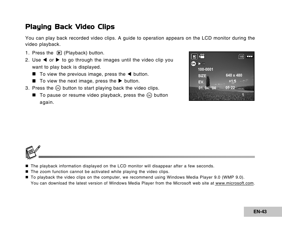 Playing back video clips | Vivitar Tripod/Video Equipment User Manual | Page 43 / 70