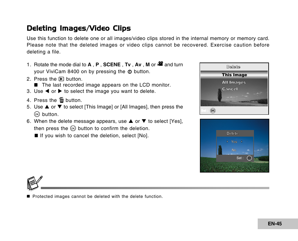 Deleting images/video clips | Vivitar Tripod/Video Equipment User Manual | Page 45 / 70