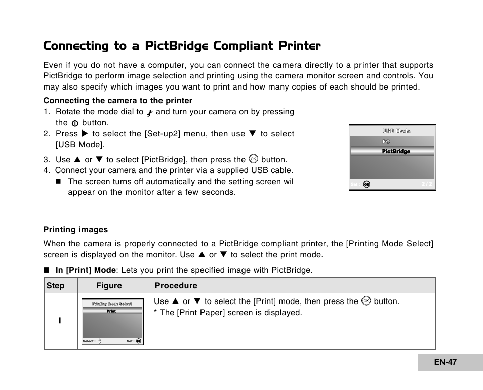 Connecting to a pictbridge compliant printer | Vivitar Tripod/Video Equipment User Manual | Page 47 / 70