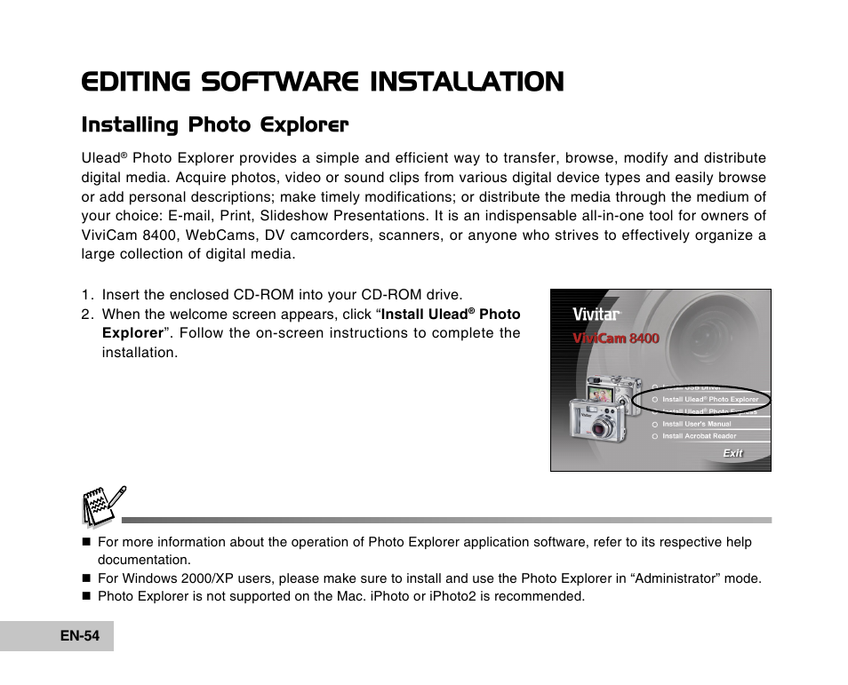 Editing software installation, Installing photo explorer | Vivitar Tripod/Video Equipment User Manual | Page 54 / 70