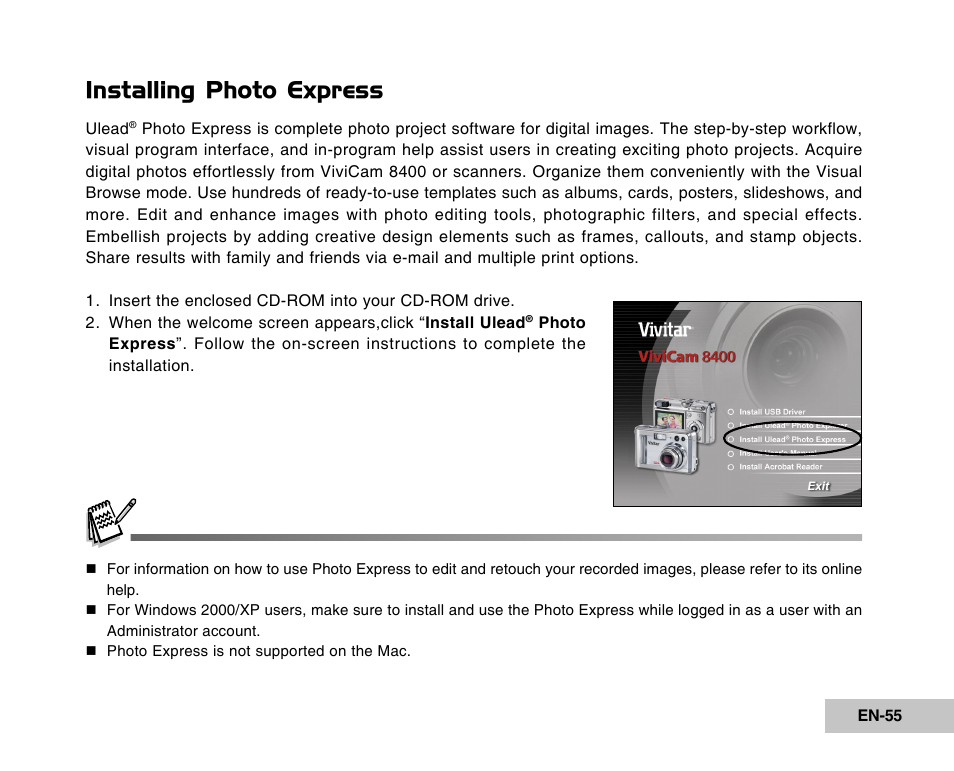 Installing photo express | Vivitar Tripod/Video Equipment User Manual | Page 55 / 70