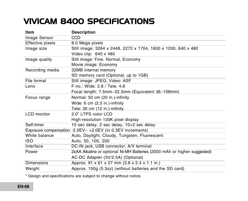 Vivicam 8400 specifications | Vivitar Tripod/Video Equipment User Manual | Page 68 / 70
