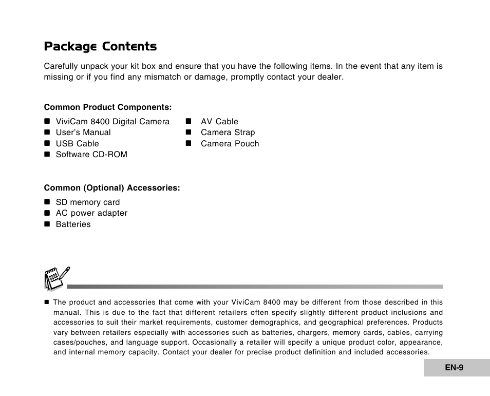 Package contents | Vivitar Tripod/Video Equipment User Manual | Page 9 / 70