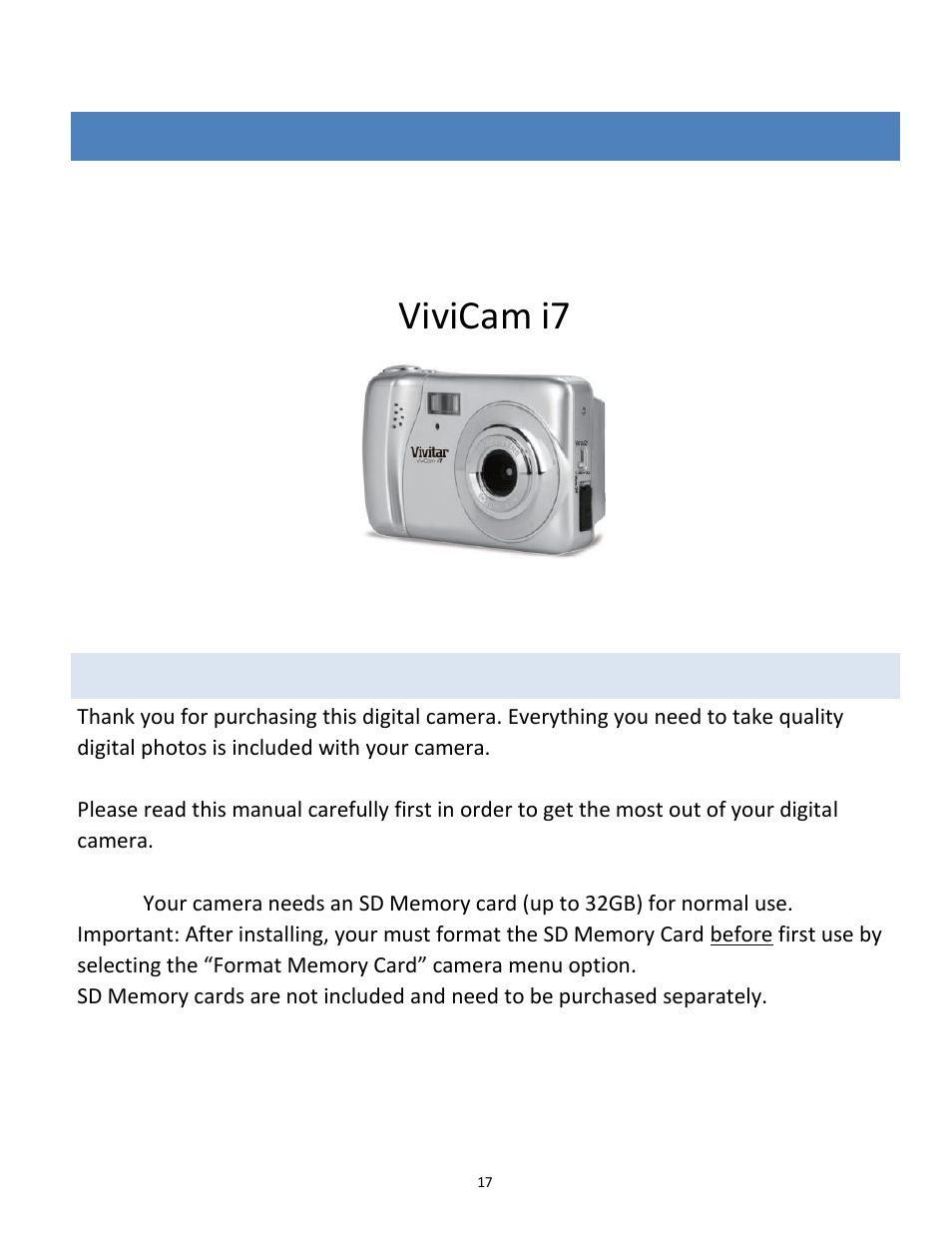 Part 2: vivicam i7 digital camera, Ntroduction, Vivicam i7 | Vivitar vivtarr i7 User Manual | Page 17 / 81