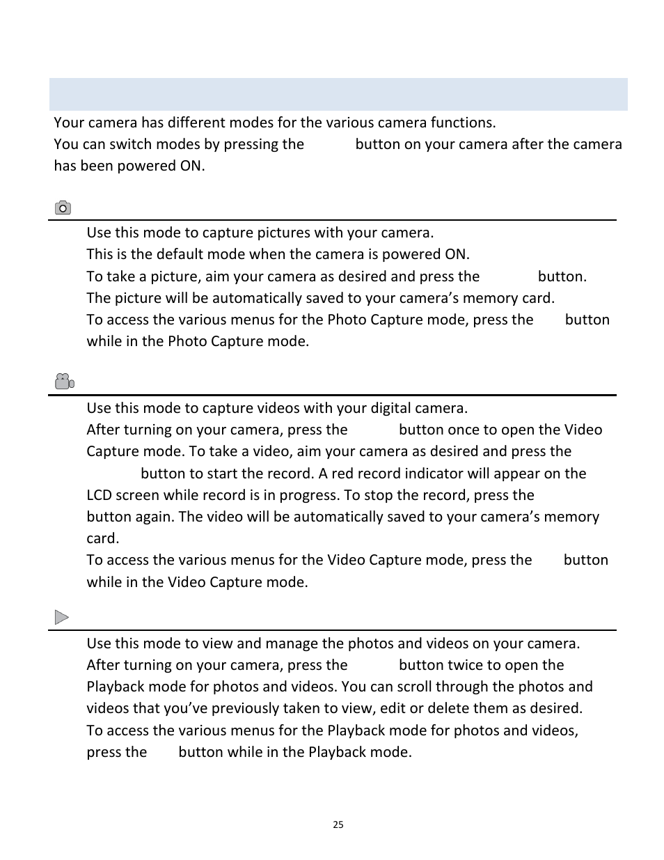 Amera, Odes, Main camera modes | Vivitar vivtarr i7 User Manual | Page 25 / 81