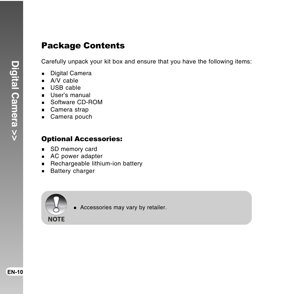 Digital camera, Package contents | Vivitar ViviCam 8300s User Manual | Page 10 / 85