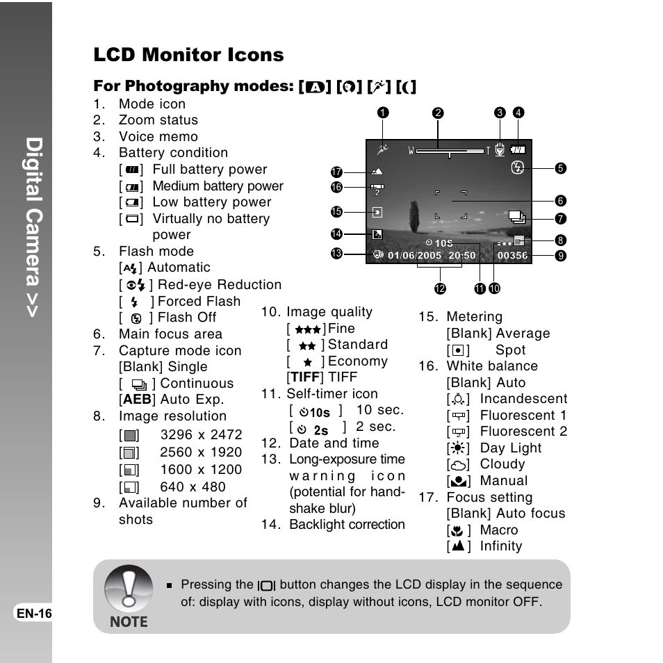 Digital camera, Lcd monitor icons, For photography modes | Vivitar ViviCam 8300s User Manual | Page 16 / 85