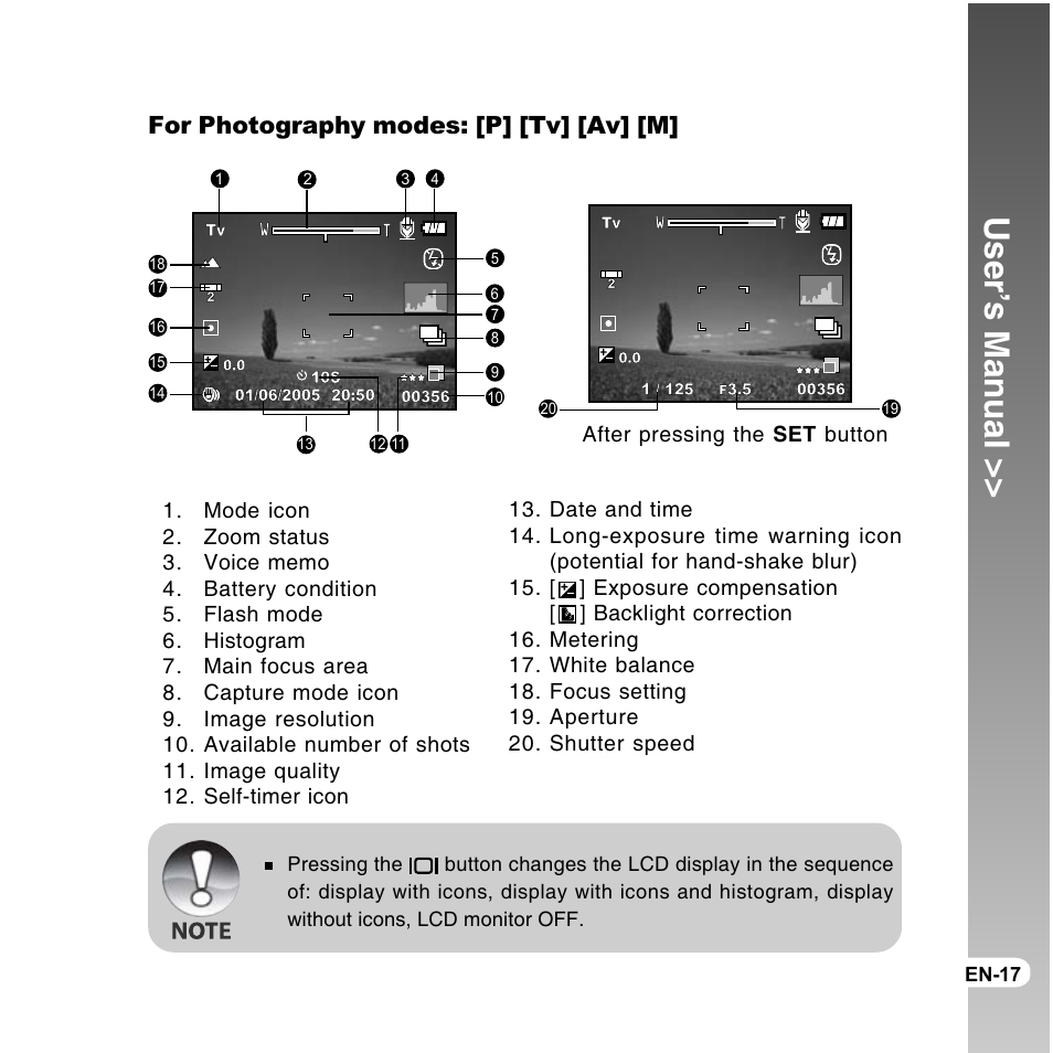 User’s manual, For photography modes: [p] [tv] [av] [m | Vivitar ViviCam 8300s User Manual | Page 17 / 85