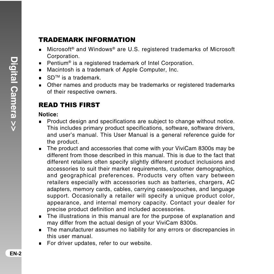 Digital camera, Trademark information, Read this first | Vivitar ViviCam 8300s User Manual | Page 2 / 85