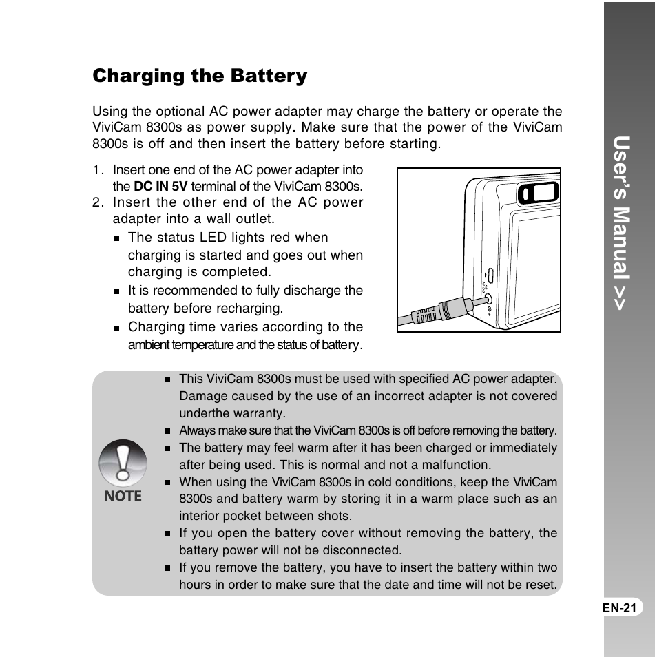 User’s manual, Charging the battery | Vivitar ViviCam 8300s User Manual | Page 21 / 85