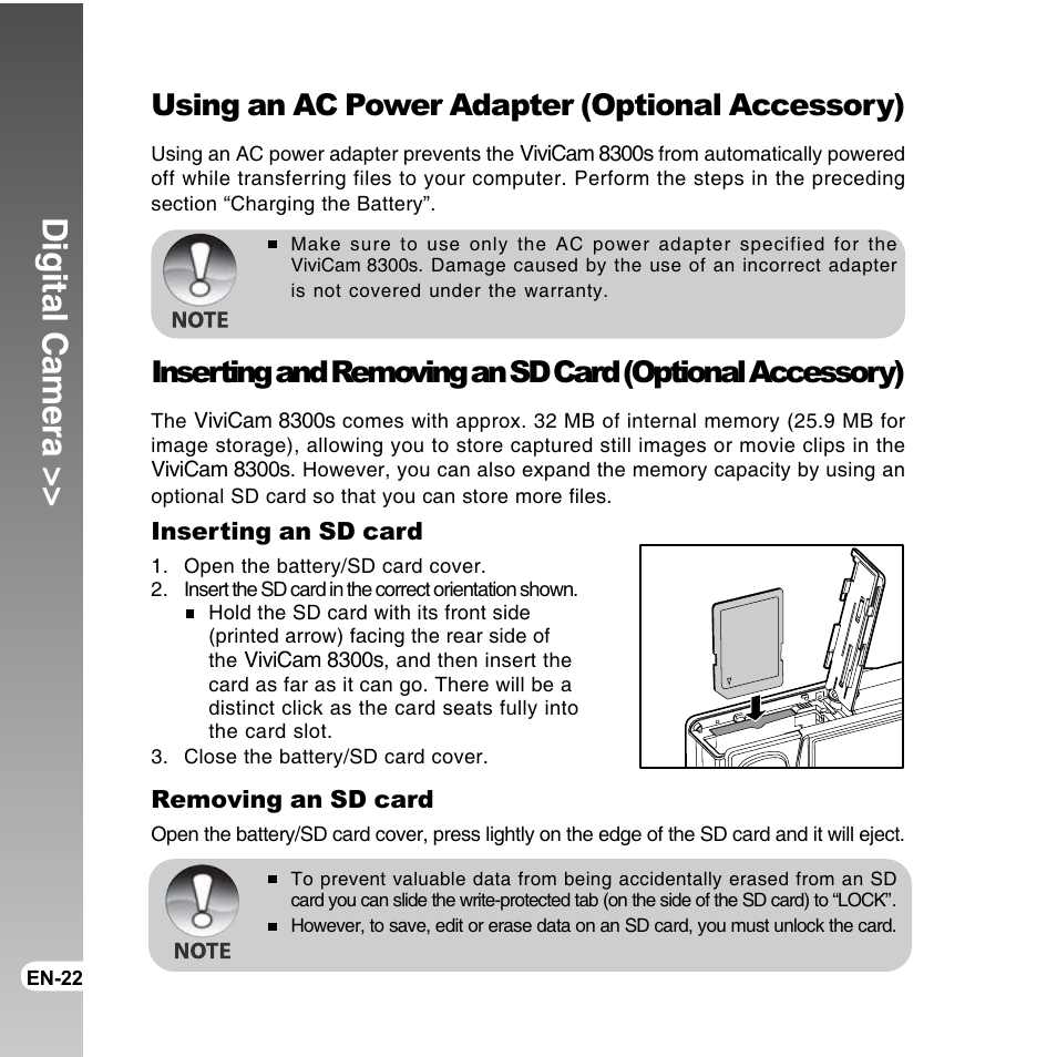 Digital camera, Using an ac power adapter (optional accessory) | Vivitar ViviCam 8300s User Manual | Page 22 / 85