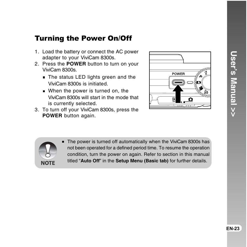 User’s manual, Turning the power on/off | Vivitar ViviCam 8300s User Manual | Page 23 / 85