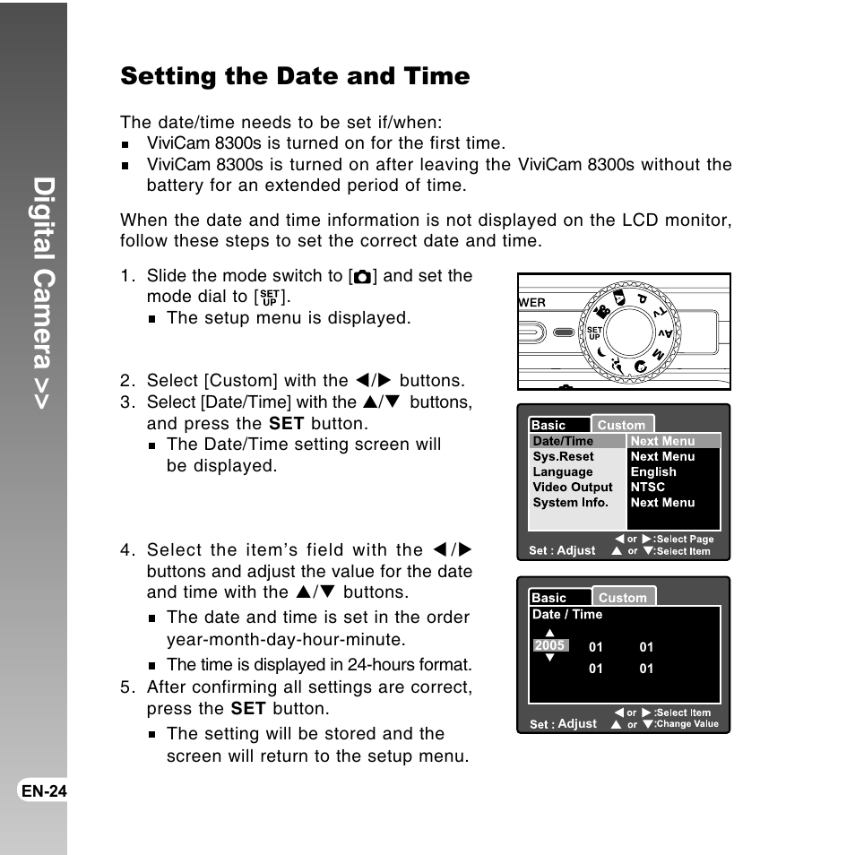 Digital camera, Setting the date and time | Vivitar ViviCam 8300s User Manual | Page 24 / 85