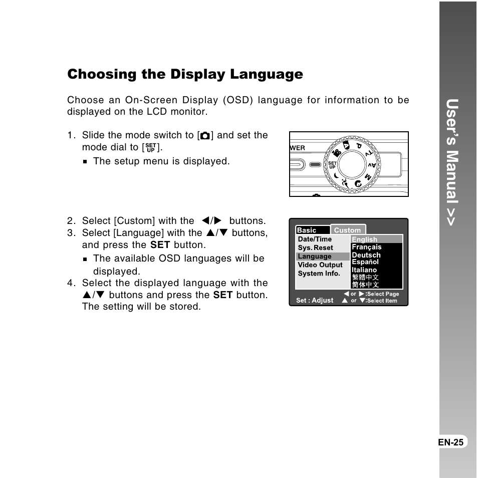 User’s manual, Choosing the display language | Vivitar ViviCam 8300s User Manual | Page 25 / 85