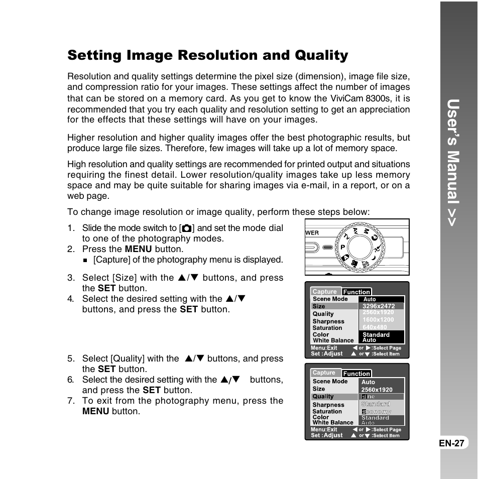 User’s manual, Setting image resolution and quality | Vivitar ViviCam 8300s User Manual | Page 27 / 85