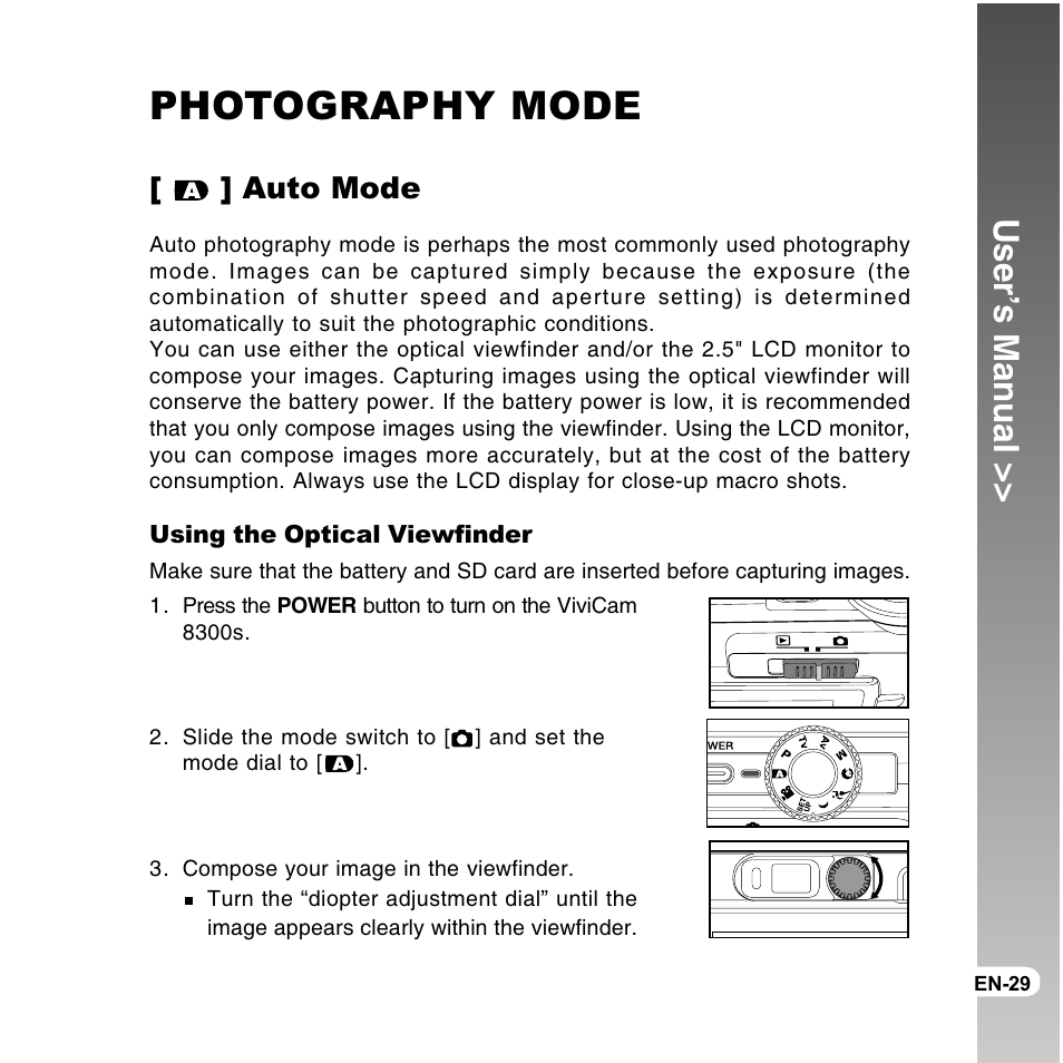Photography mode, User’s manual, Auto mode | Vivitar ViviCam 8300s User Manual | Page 29 / 85
