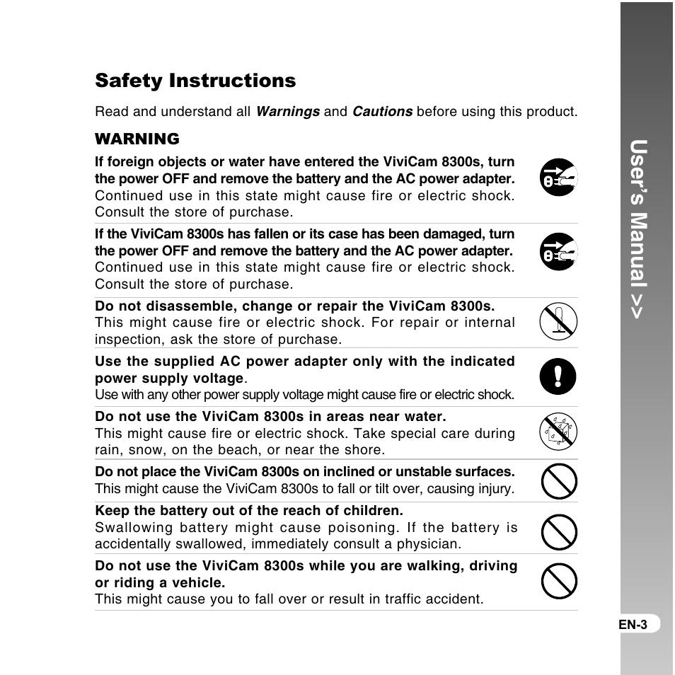 User’s manual, Safety instructions | Vivitar ViviCam 8300s User Manual | Page 3 / 85