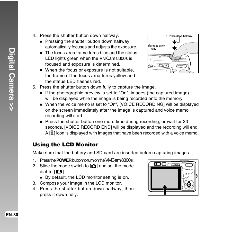 Digital camera, Using the lcd monitor | Vivitar ViviCam 8300s User Manual | Page 30 / 85