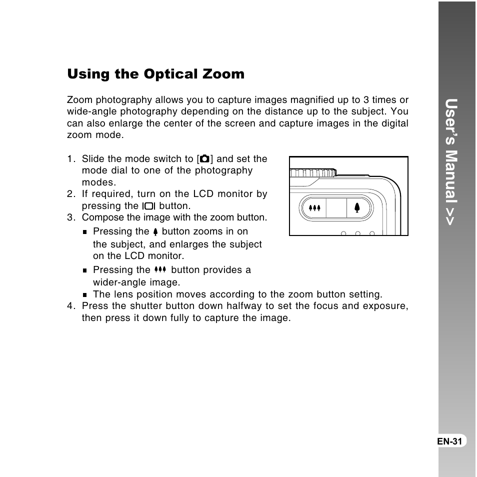 User’s manual, Using the optical zoom | Vivitar ViviCam 8300s User Manual | Page 31 / 85