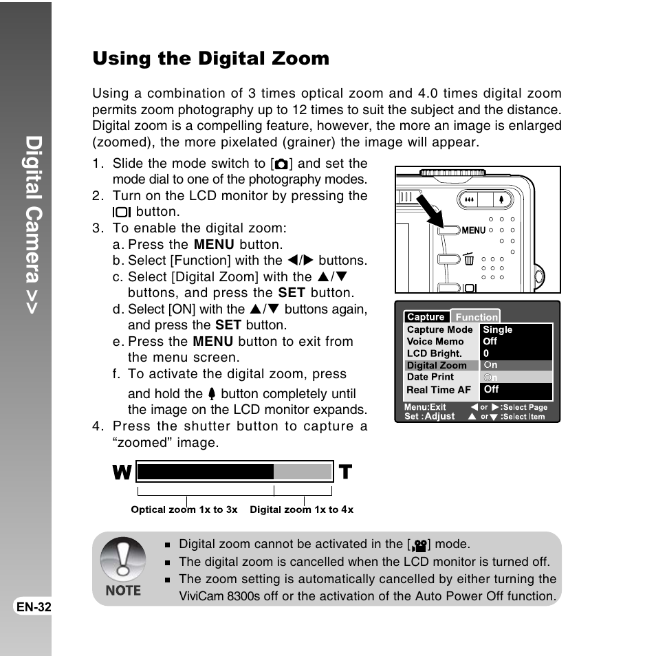 Digital camera, Using the digital zoom | Vivitar ViviCam 8300s User Manual | Page 32 / 85