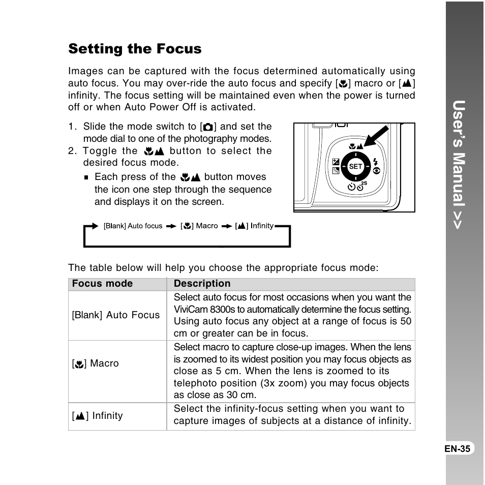 User’s manual, Setting the focus | Vivitar ViviCam 8300s User Manual | Page 35 / 85