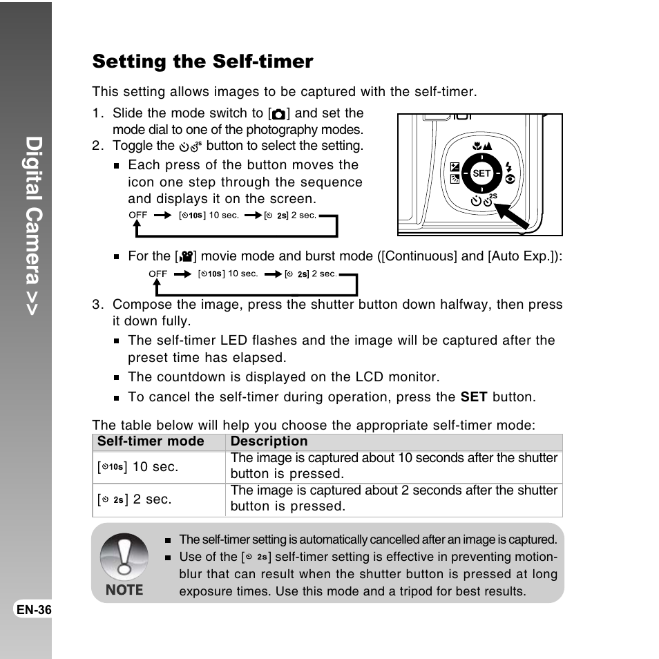 Digital camera, Setting the self-timer | Vivitar ViviCam 8300s User Manual | Page 36 / 85