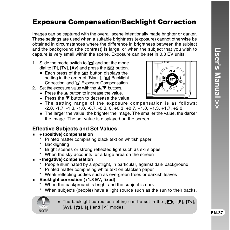 User’s manual, Exposure compensation/backlight correction | Vivitar ViviCam 8300s User Manual | Page 37 / 85
