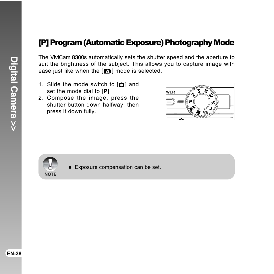 Digital camera, P] program (automatic exposure) photography mode | Vivitar ViviCam 8300s User Manual | Page 38 / 85