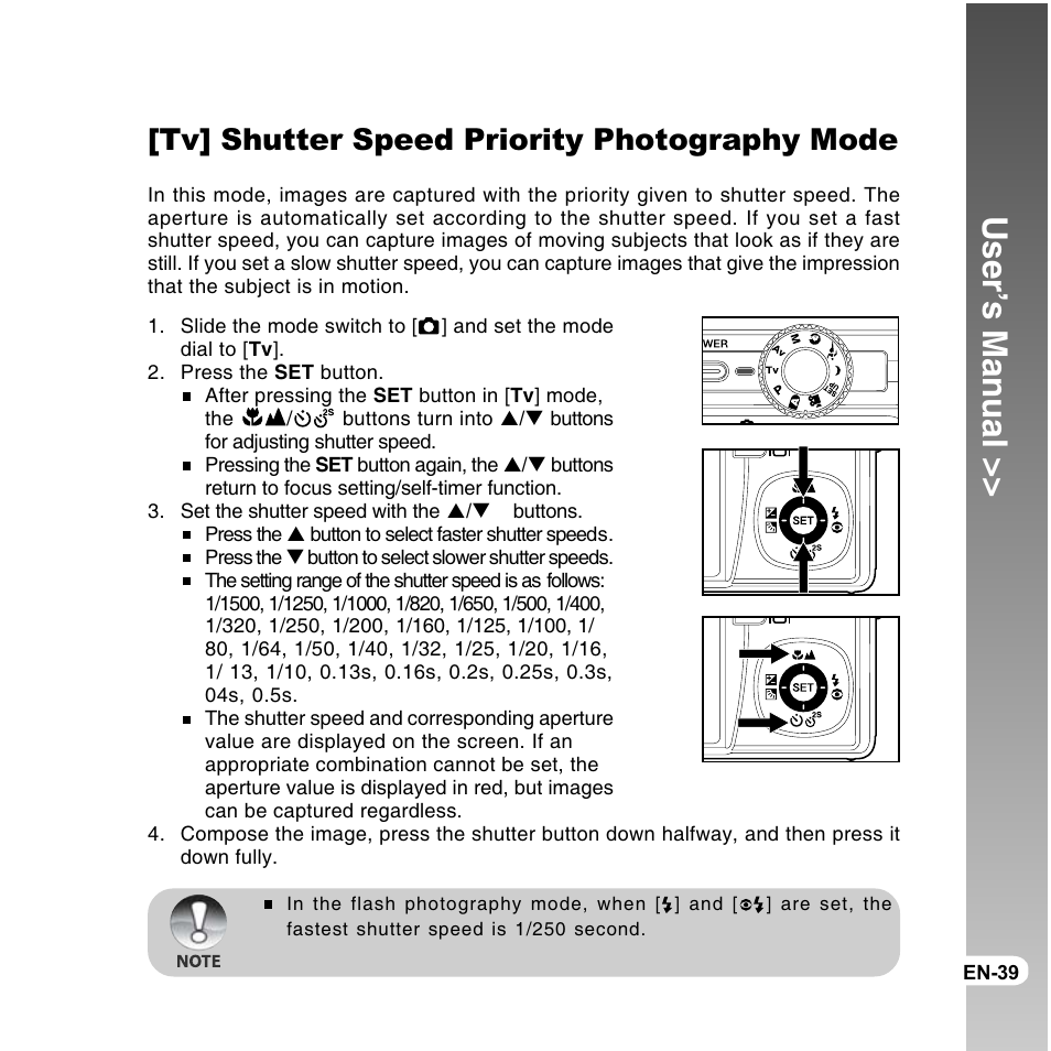 User’s manual, Tv] shutter speed priority photography mode | Vivitar ViviCam 8300s User Manual | Page 39 / 85