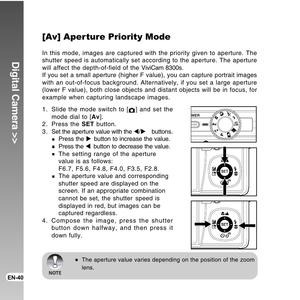 Digital camera, Av] aperture priority mode | Vivitar ViviCam 8300s User Manual | Page 40 / 85