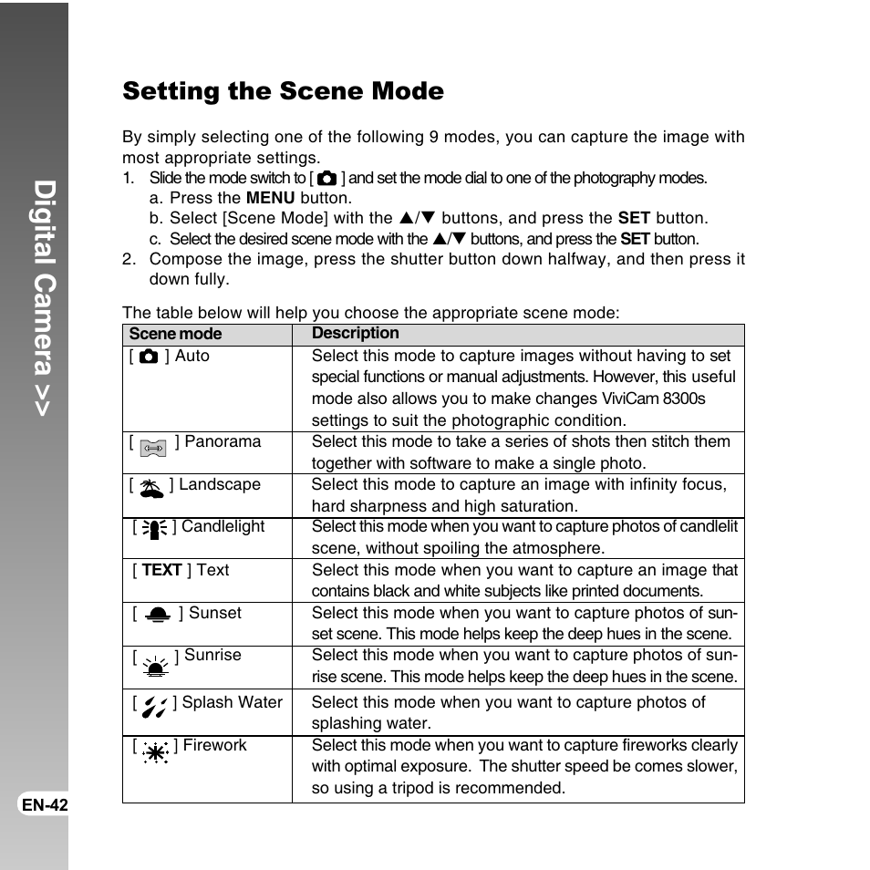 Digital camera, Setting the scene mode | Vivitar ViviCam 8300s User Manual | Page 42 / 85