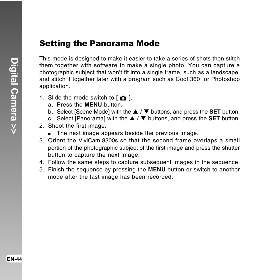Digital camera, Setting the panorama mode | Vivitar ViviCam 8300s User Manual | Page 44 / 85