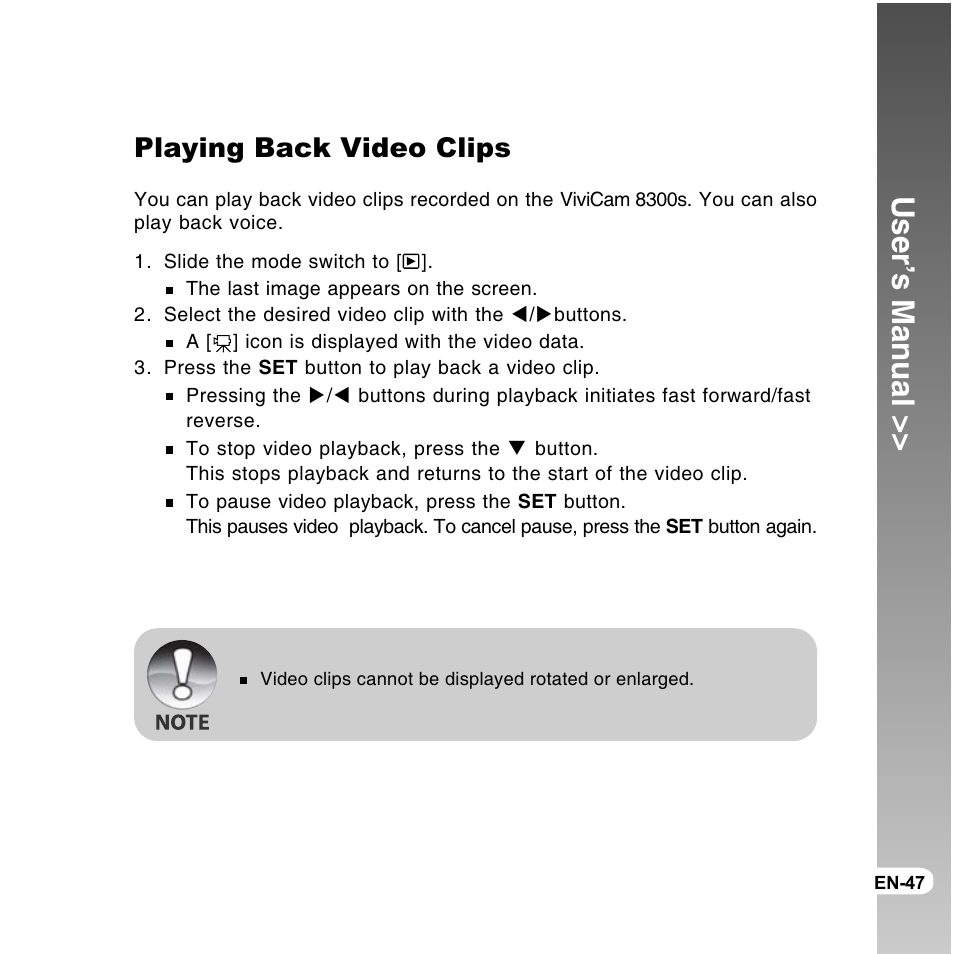 User’s manual, Playing back video clips | Vivitar ViviCam 8300s User Manual | Page 47 / 85