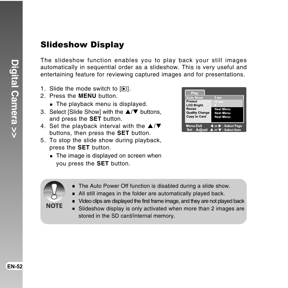 Digital camera, Slideshow display | Vivitar ViviCam 8300s User Manual | Page 52 / 85