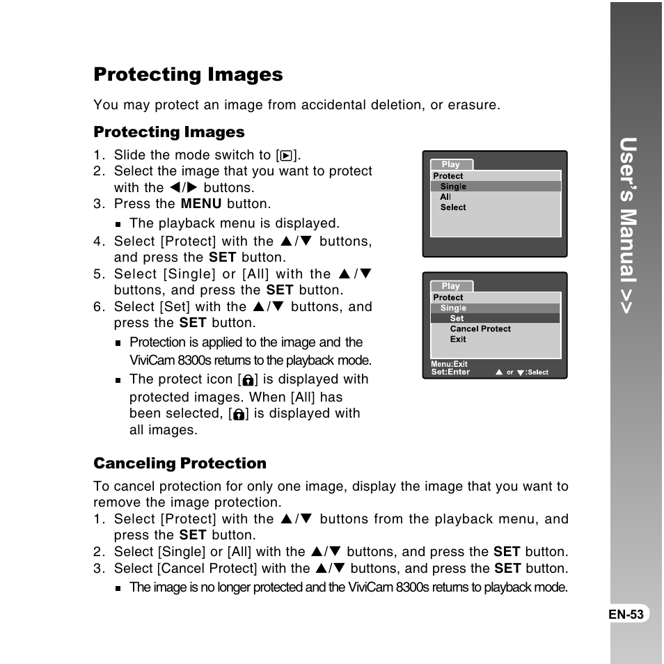 User’s manual, Protecting images | Vivitar ViviCam 8300s User Manual | Page 53 / 85