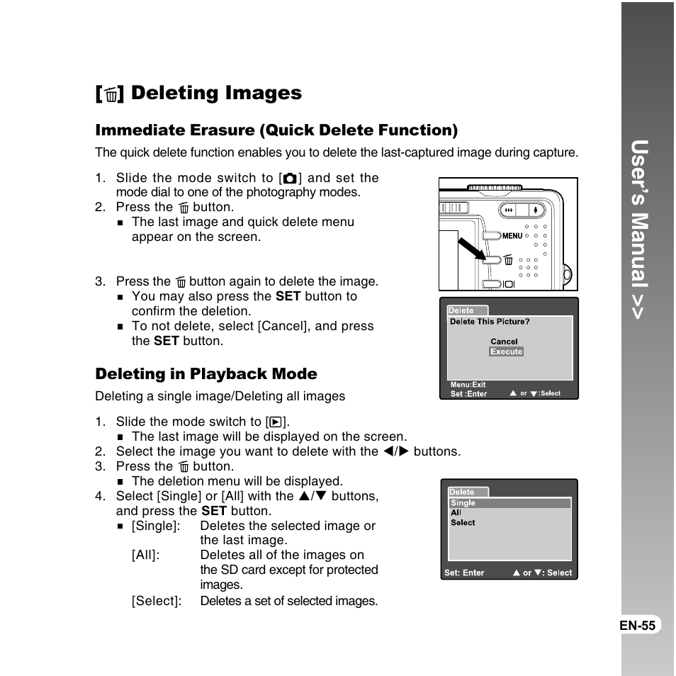 User’s manual, Deleting images | Vivitar ViviCam 8300s User Manual | Page 55 / 85