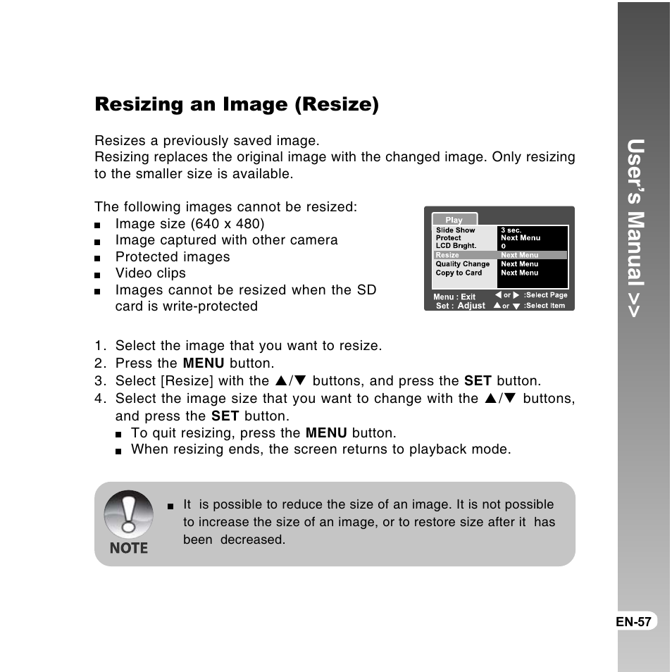 User’s manual, Resizing an image (resize) | Vivitar ViviCam 8300s User Manual | Page 57 / 85