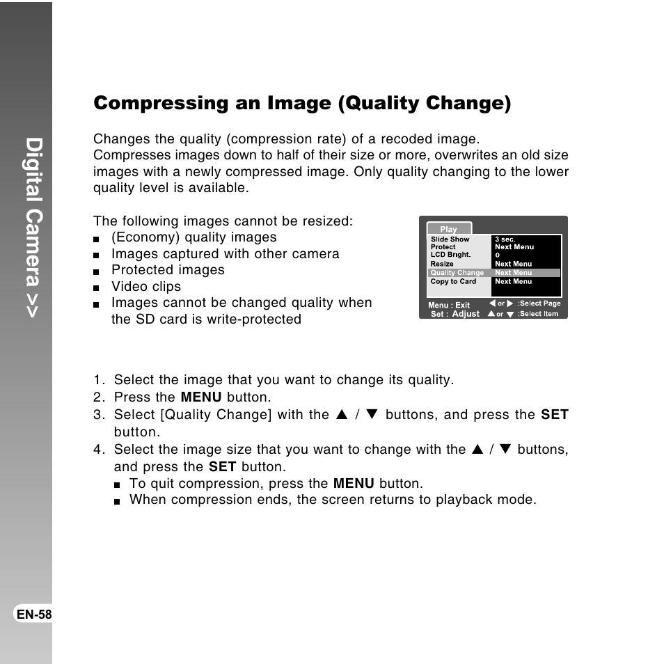 Digital camera, Compressing an image (quality change) | Vivitar ViviCam 8300s User Manual | Page 58 / 85