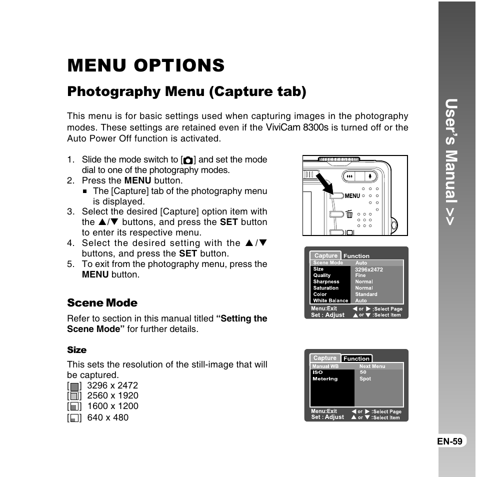 Menu options, User’s manual, Photography menu (capture tab) | Vivitar ViviCam 8300s User Manual | Page 59 / 85