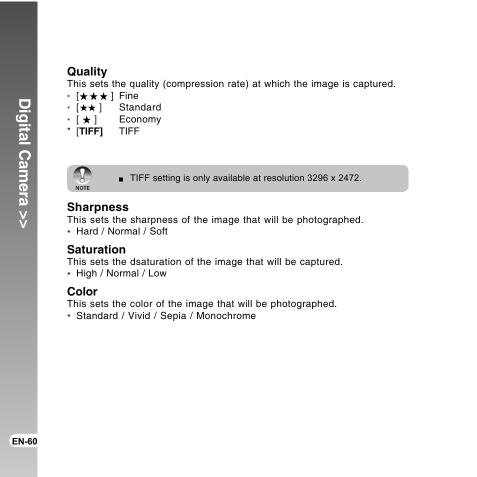 Digital camera, Quality, Sharpness | Saturation, Color | Vivitar ViviCam 8300s User Manual | Page 60 / 85