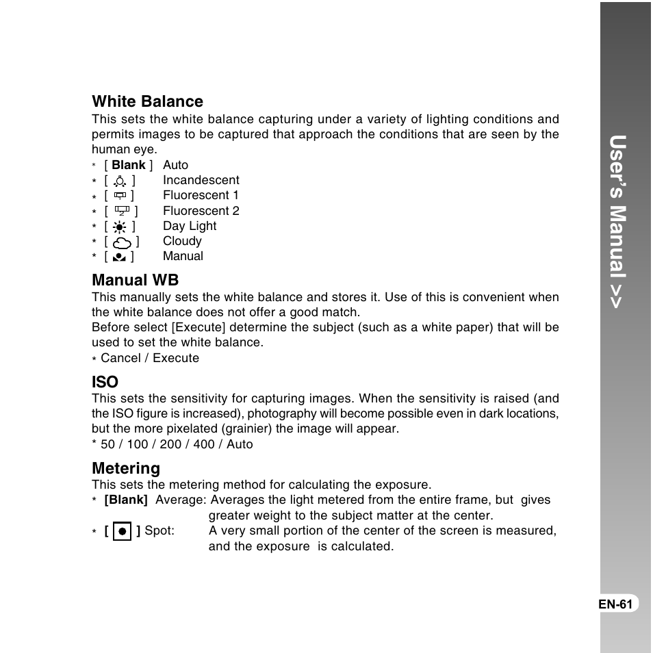 User’s manual, White balance, Manual wb | Metering | Vivitar ViviCam 8300s User Manual | Page 61 / 85