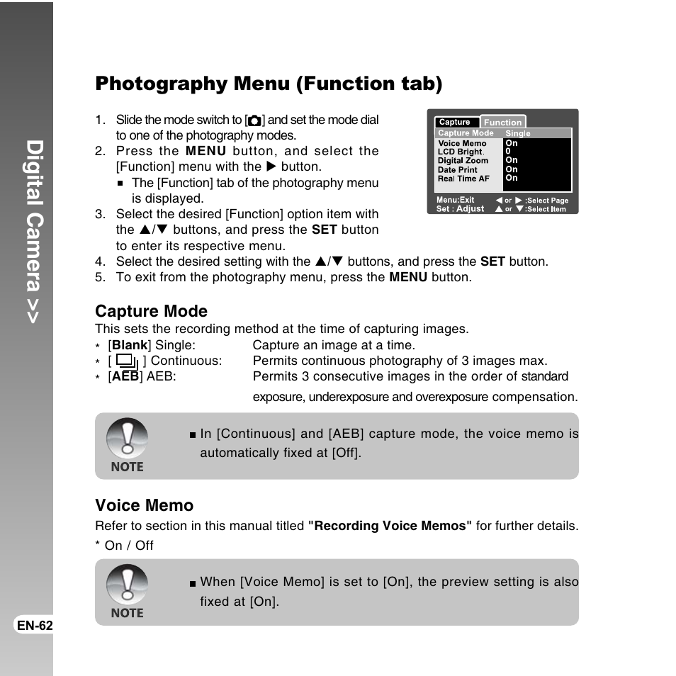 Digital camera, Photography menu (function tab), Capture mode | Vivitar ViviCam 8300s User Manual | Page 62 / 85