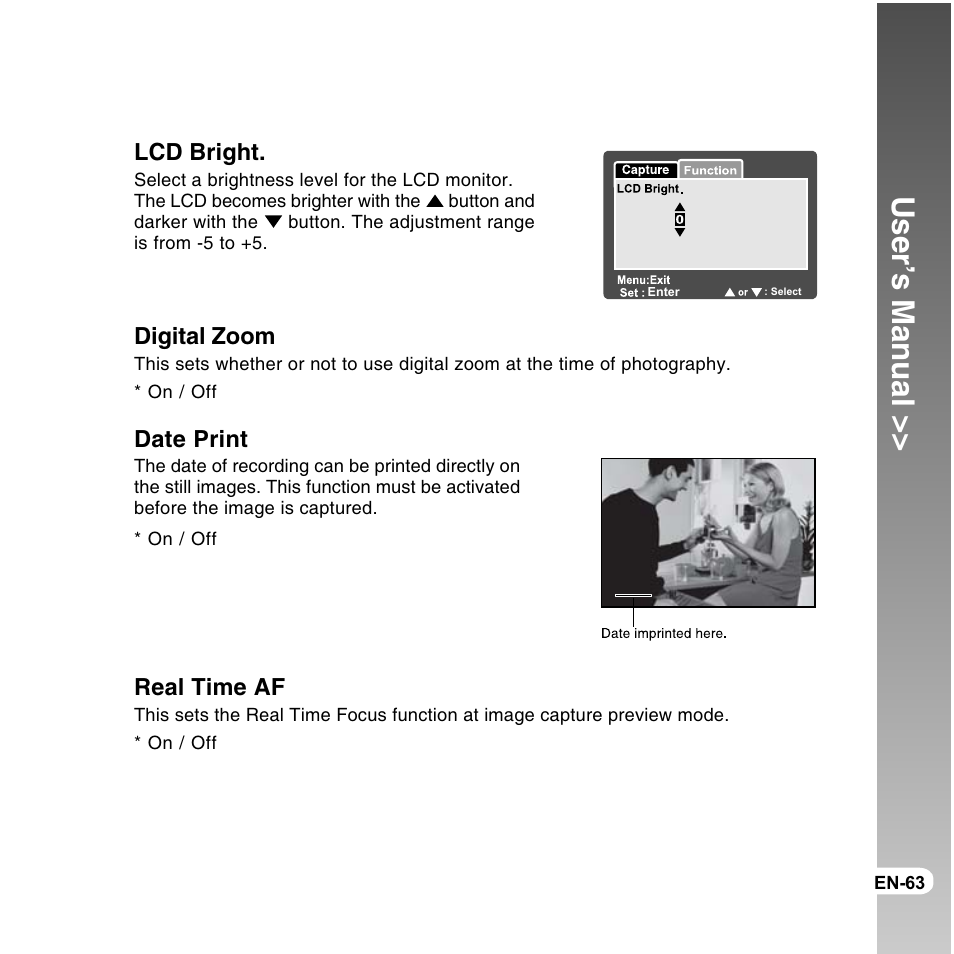 User’s manual, Lcd bright, Digital zoom | Date print, Real time af | Vivitar ViviCam 8300s User Manual | Page 63 / 85