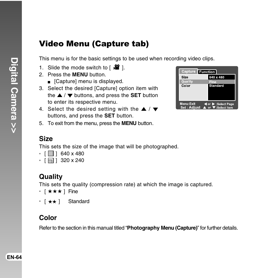 Digital camera, Video menu (capture tab), Size | Quality, Color | Vivitar ViviCam 8300s User Manual | Page 64 / 85