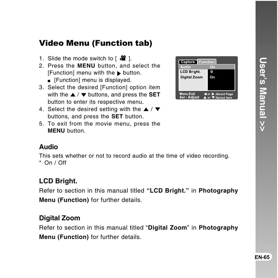 User’s manual, Video menu (function tab), Audio | Lcd bright, Digital zoom | Vivitar ViviCam 8300s User Manual | Page 65 / 85