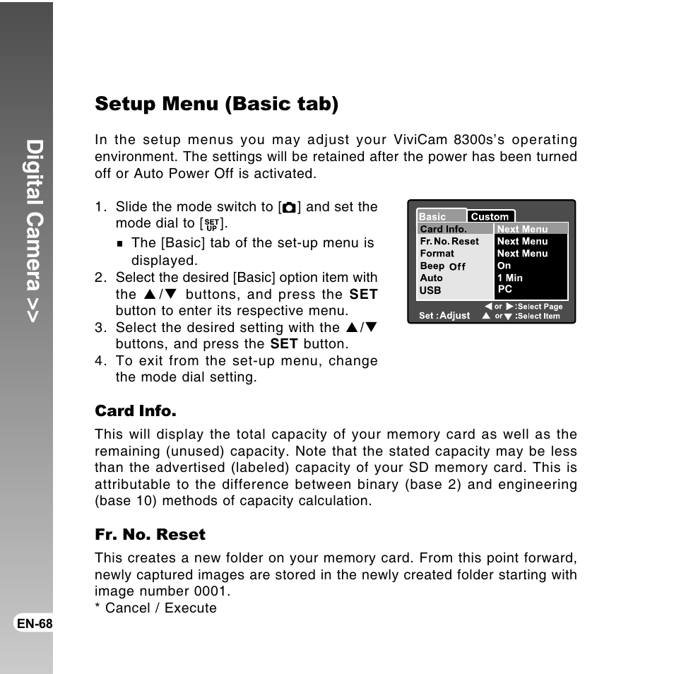 Digital camera, Setup menu (basic tab) | Vivitar ViviCam 8300s User Manual | Page 68 / 85