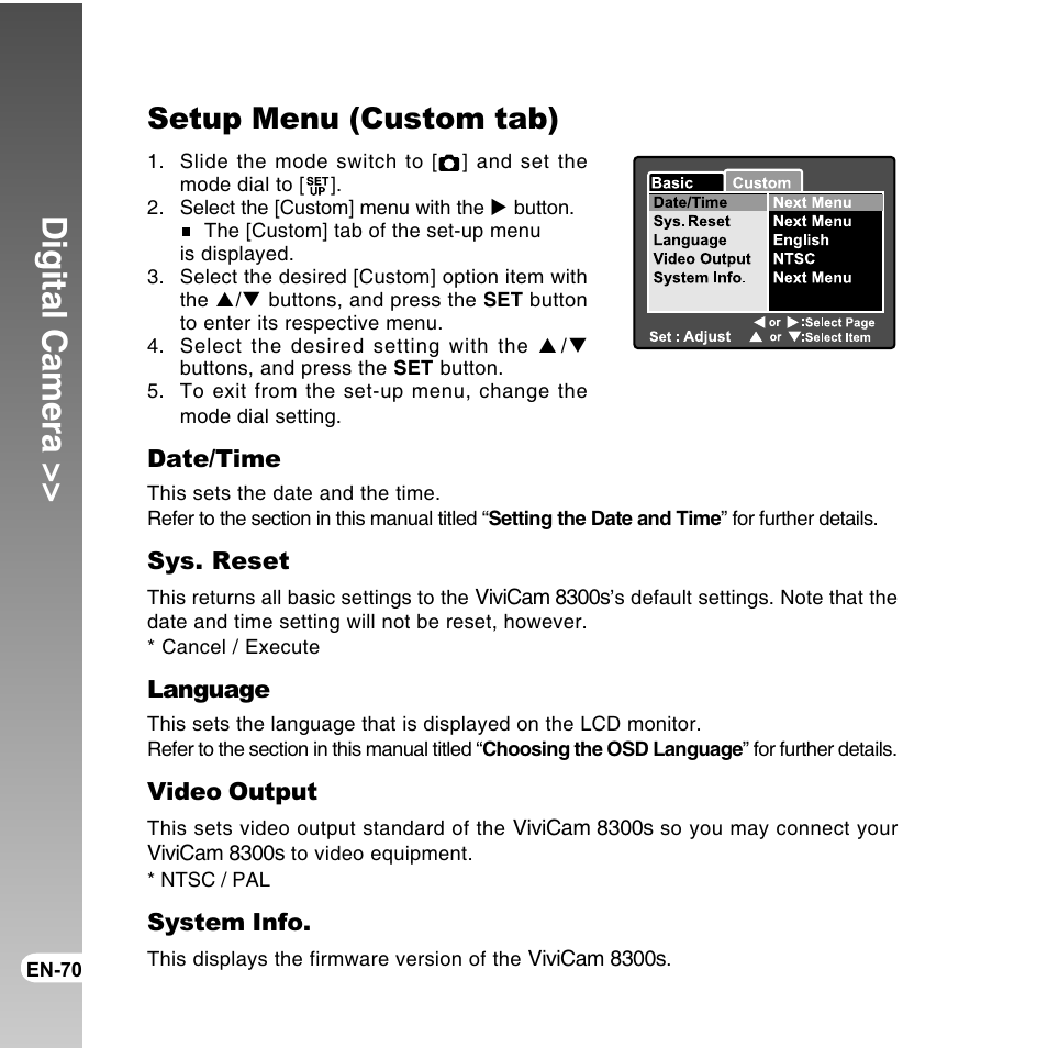 Digital camera, Setup menu (custom tab) | Vivitar ViviCam 8300s User Manual | Page 70 / 85